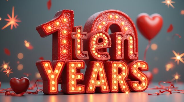 Ten years anniversary celebration with festive red typography