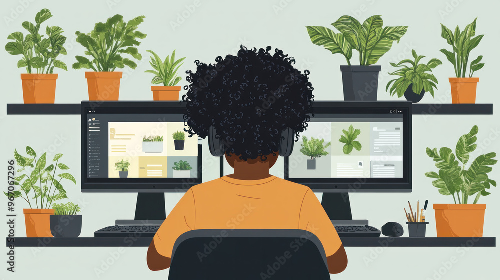 Poster a young black man sits at a desk with two computer monitors and a keyboard. he is wearing headphones