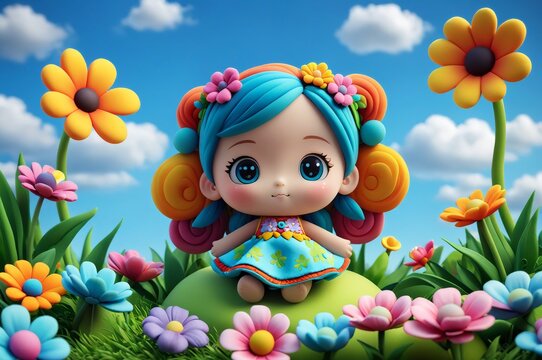 Cute little 3D doll in children's cartoon style, animated fantasy. Artistic background. Artistic illustration. Cartoon stylized illustrated art.