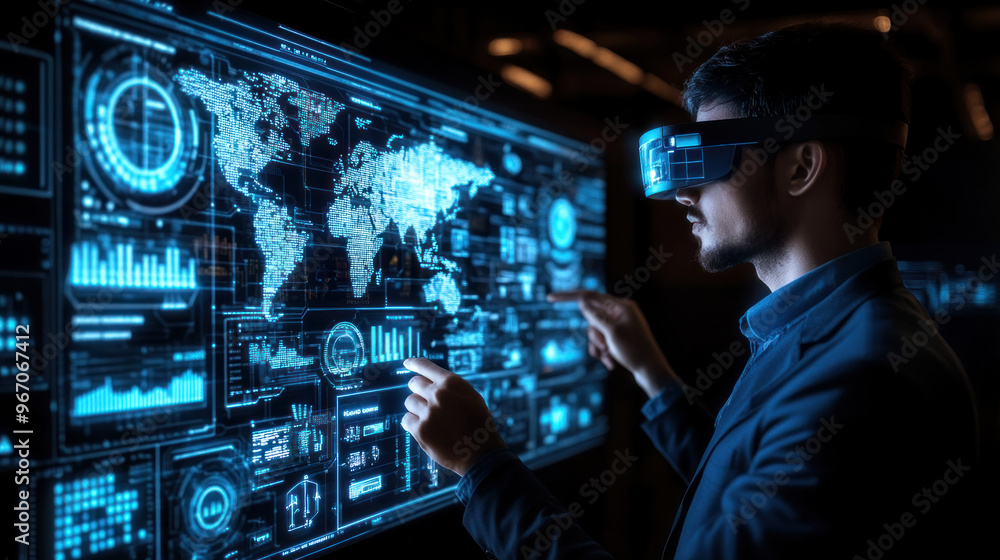 Aufkleber a man wearing a suit is using a virtual reality headset to interact with a computer monitor displayi