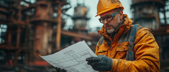 A focused worker examines blueprints at an industrial site, showcasing dedication and attention to detail in a challenging environment.