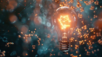 A glowing light bulb surrounded by swirling particles, symbolizing innovation and new ideas.