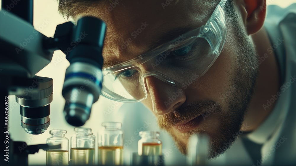 Poster a scientist examining samples through a microscope