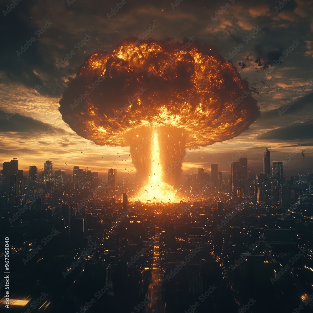 Canvas Prints A large mushroom cloud erupts over a city skyline, a terrifying representation of a nuclear explosion.