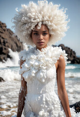 Fototapeta premium black woman with huge white afro hair in dress made from white foam with splashes at black rocks at ocean