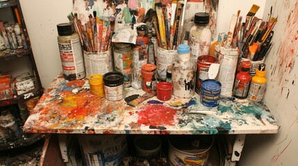 Obraz premium A vibrant artist's workspace filled with paintbrushes and colorful paint containers.