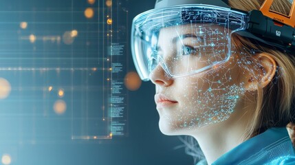 A woman wearing an augmented reality headset with a holographic digital interface overlaying her face, representing the integration of advanced technology and human interaction in a futuristic setting