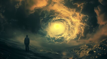 Obraz premium A person stands facing an ethereal vortex in a dramatic sky, evoking themes of solitude, wonder, and the unknown. This surreal landscape scene captures the mystery and beauty of nature's power.