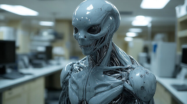 A futuristic robot with an alien appearance, showcasing intricate features in a high-tech lab environment.