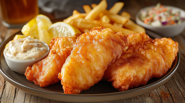 battered fish fillet with fries and lemon slice