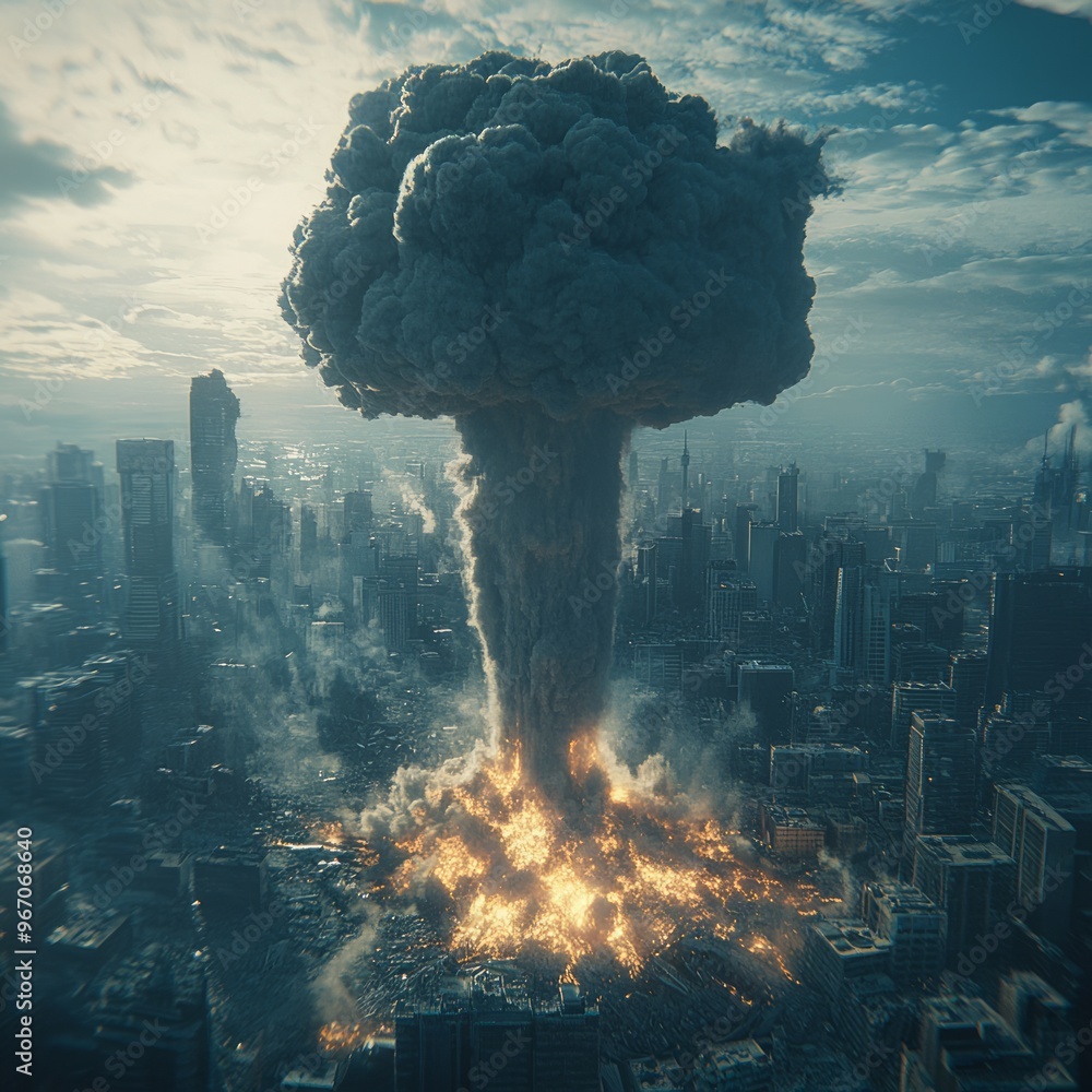 Canvas Prints A large mushroom cloud rises over a city after a nuclear explosion.