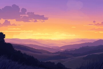 Obraz premium A Serene Sunset Overlook With A View Of Rolling Hills And A Sky Transitioning From Orange To Purple. Cozy Vibe, Generative AI 
