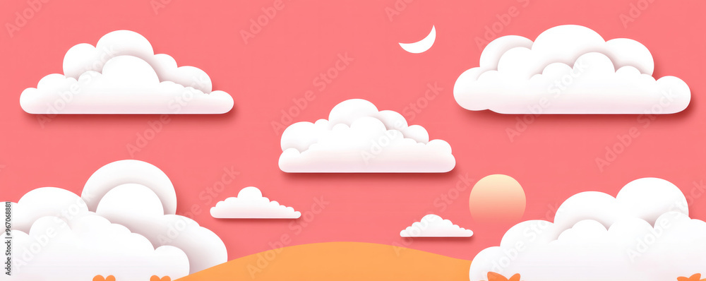 Poster a pink background with a large white cloud in the middle. there are several other clouds scattered t