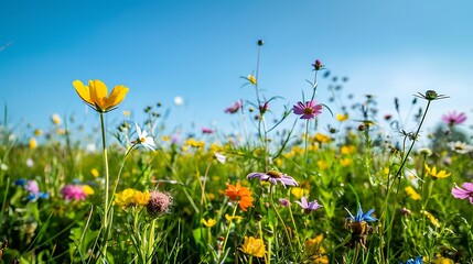 Obraz premium Vibrant meadow with a variety of wildflowers in bloom under a clear blue sky. The colorful flowers and lush green grass create a beautiful and natural scene.