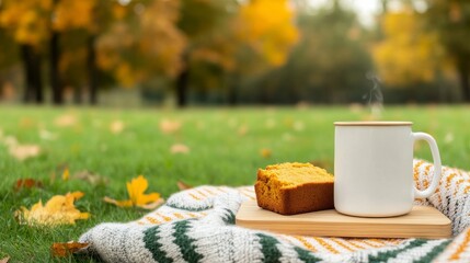 Cozy autumn picnic scene with a warm drink and fresh cake on a blanket amidst colorful falling leaves.