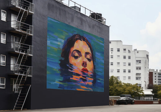 Urban Mural Art Building Wall Mockup With Generative AI