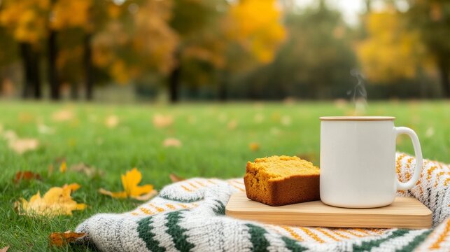 Cozy autumn picnic scene with a warm drink and fresh cake on a blanket amidst colorful falling leaves. - Powered by Adobe