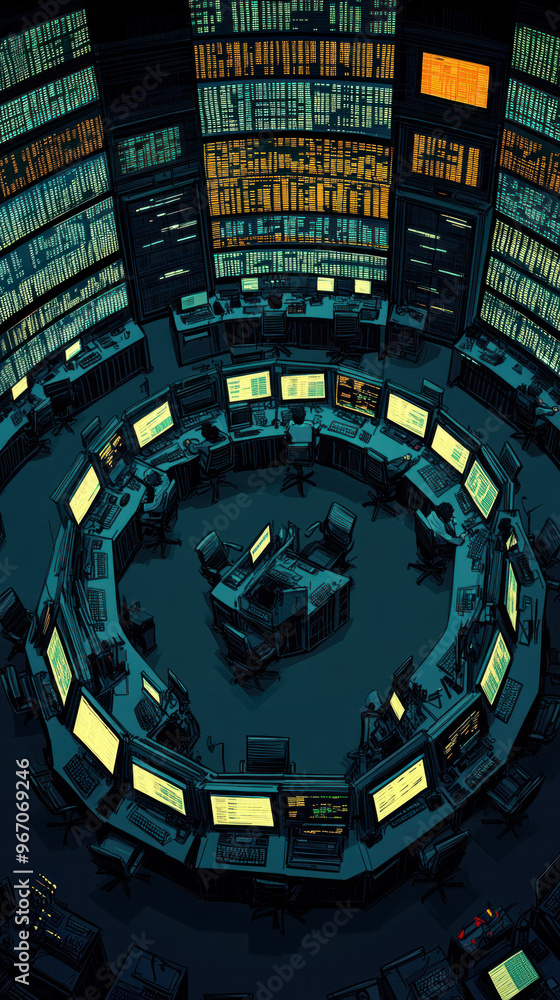 Poster a computer room with many monitors and a large round table in the center
