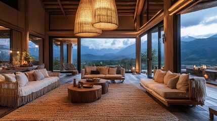 Create a Tranquil Mountain Retreat: Transform Your Space with a Cozy Den Poster Featuring Rustic Wooden Furniture, Soft Earthy Tones, and Warm Pendant Lighting for an Inviting Atmosphere.