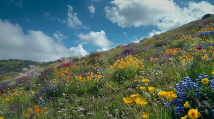 Fototapeta premium Colorful hillside meadow bursting with wildflowers. A picturesque scene showcasing the beauty of nature.