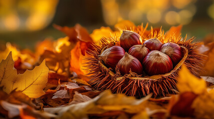 autumn wallpaper with chestnuts and leaves