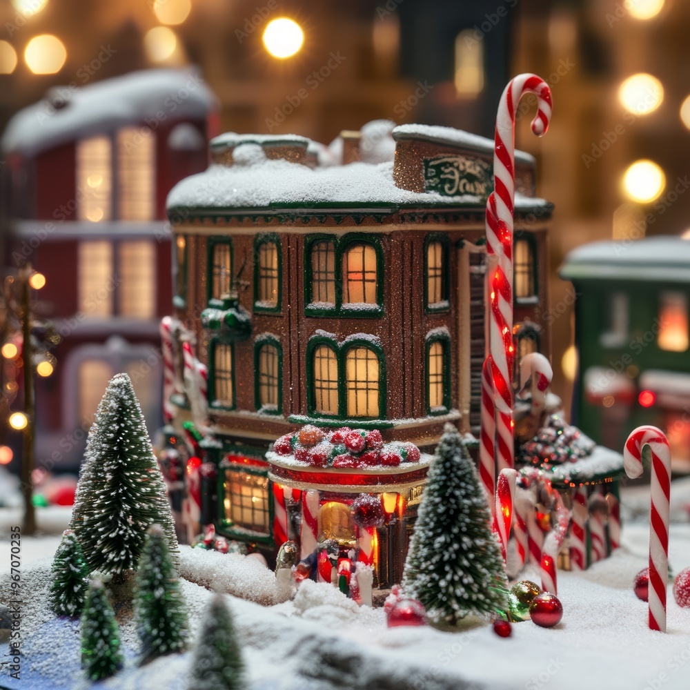 Wall mural A miniature Christmas village scene with a snow-covered building, candy canes, and lit windows.