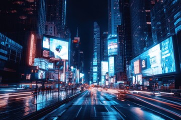 Fototapeta premium An ultra-modern city features glowing holographic billboards and automated drones navigating bustling streets