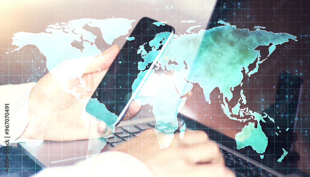 Poster close up of businessman hands using laptop and cellphone with map hologram on blurry background. tra