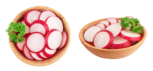 Radish slices in wooden bowl isolated on white background. Top view. Flat lay