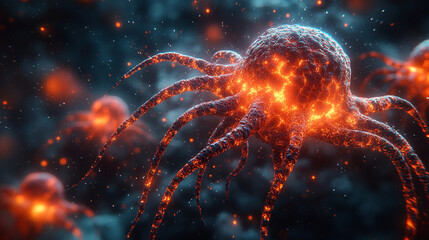 Obraz premium A striking close-up of a cell, showcasing vibrant colors and intricate details, representing life at a microscopic level.