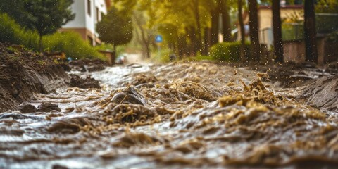 Strong flow of muddy water flooding down the hill during severe storm Photograph of a disaster scene