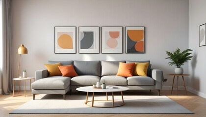 Photo modern style interior room 3d illustration Interior,Kitchen,Washrooms frame living room with colorful white sofa,led with blank frame