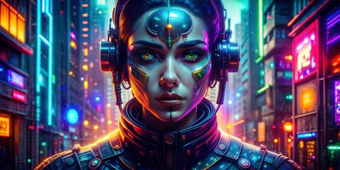 neon futuristic robot woman with glowing lights