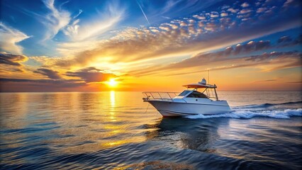 White boat sailing at sundown horizon