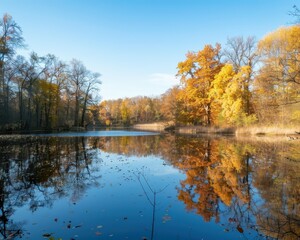 Obraz premium A serene lake surrounded by colorful autumn trees, reflecting the vibrant foliage in its calm water.
