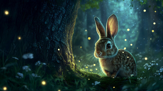 curious rabbit peeking out from behind a tree in a fantasy forest, with fireflies floating around, creating a magical atmosphere