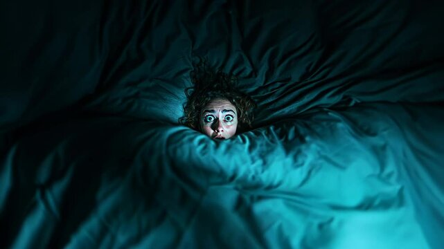 A frightened Caucasian woman peeks from underneath dark blue bedding, perfect for concepts of insomnia, anxiety, horror, or Halloween