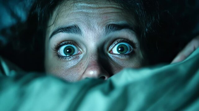 A woman with a frightened expression peeks from under the covers, evoking feelings of fear and suspense ideal for Halloween and horror themes