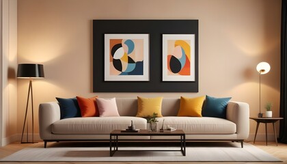 Photo modern style interior room 3d illustration Interior,Kitchen,Washrooms frame living room with colorful white sofa,led with blank frame