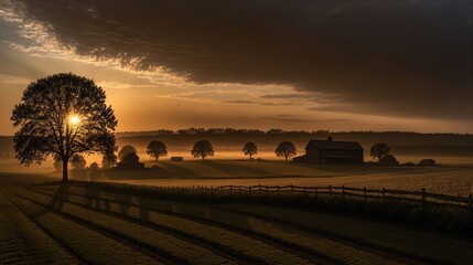 Fototapeta premium Generative AI, A serene sunset over a barn and farmland with a warm glow spreading across the fields and trees in the distance