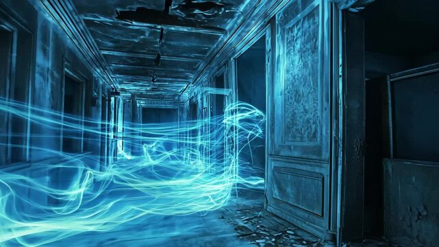 An eerie, abandoned hallway with ghostly blue light trails perfect for Halloween, paranormal themes, and supernatural concepts