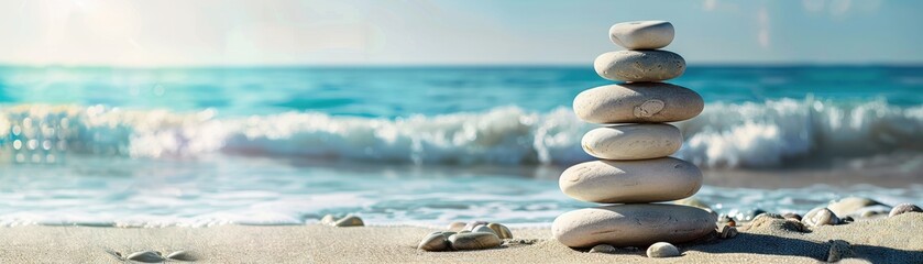 A stack of smooth stones on a sandy beach with a crashing wave in the background.