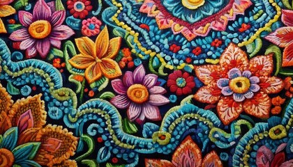 hispanic textile, vibrant Hispanic textile showcasing intricate patterns and bold colors such as red, yellow, green, and blue, representing traditional Latin American craftsmanship