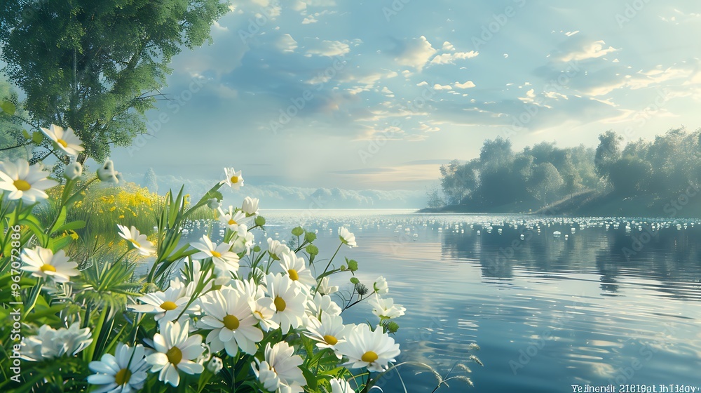 Poster serene lake with a mountain view in the background. a cluster of daisies bloom in the foreground, ad