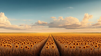 Obraz premium Vast sunflower field under a serene sky, showcasing vibrant sunflowers reaching for the sun, capturing nature's beauty.
