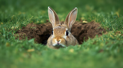 Obraz premium cute bunny peering out from its underground home, with just its head and ears showing