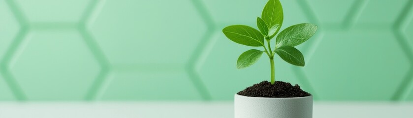 A vibrant green plant sprouting from soil in a modern pot, set against a geometric mint green background.