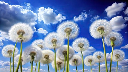 White dandelions against blue sky with clouds panorama