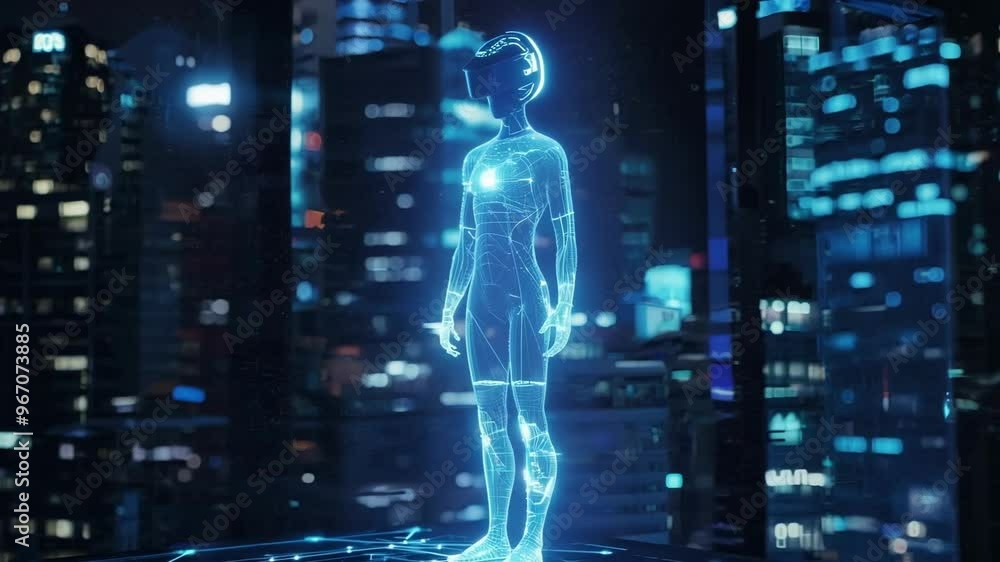 Poster hologram of a man wearing vr glasses standing in a server room, symbolizing the concept of virtual r