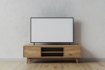 Front view of a light TV stand with a blank white TV screen in a room with a wooden floor